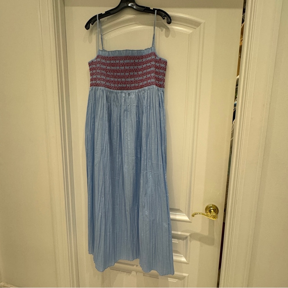J. Crew Light Blue Midi Dress with Red Smocked Bodice - Picture 2 of 5